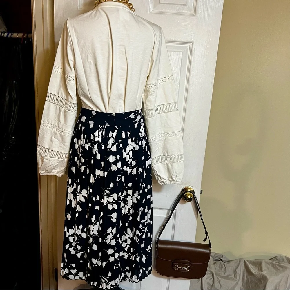 J‎ Crew Factory Women’s Navy Floral Knife Pleated Chiffon Lined Midi Skirt 2